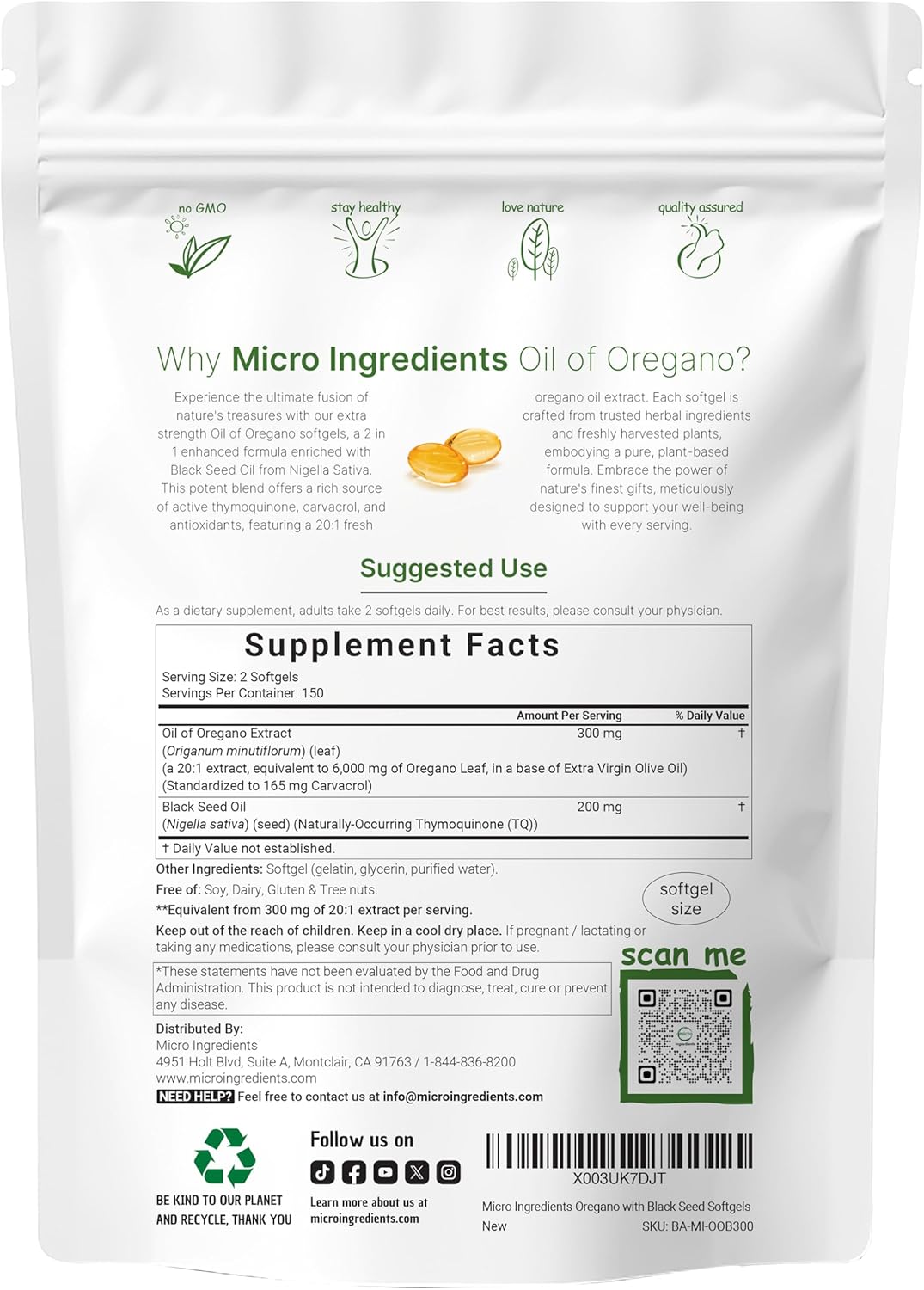 Micro Ingredients Oil of Oregano, 300 Softgel | Oregano Oil with Black Seed Oil, 4X Strength Carvacrol & Thymoquinone | Plant Based, Non-GMO | Antioxidant & Immune Support 24Hr Smart
